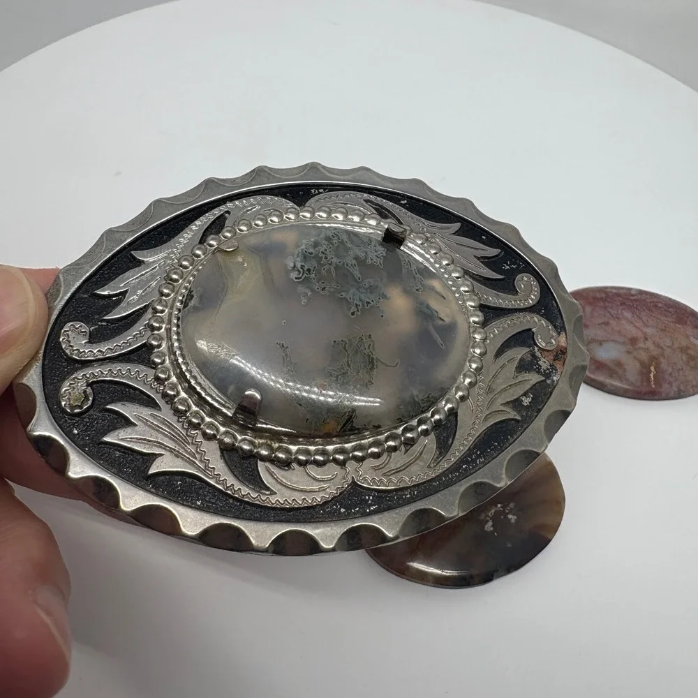 Western Interchangeable Stone Belt Buckle Silver Tone Agate‎ Jasper 3.5in